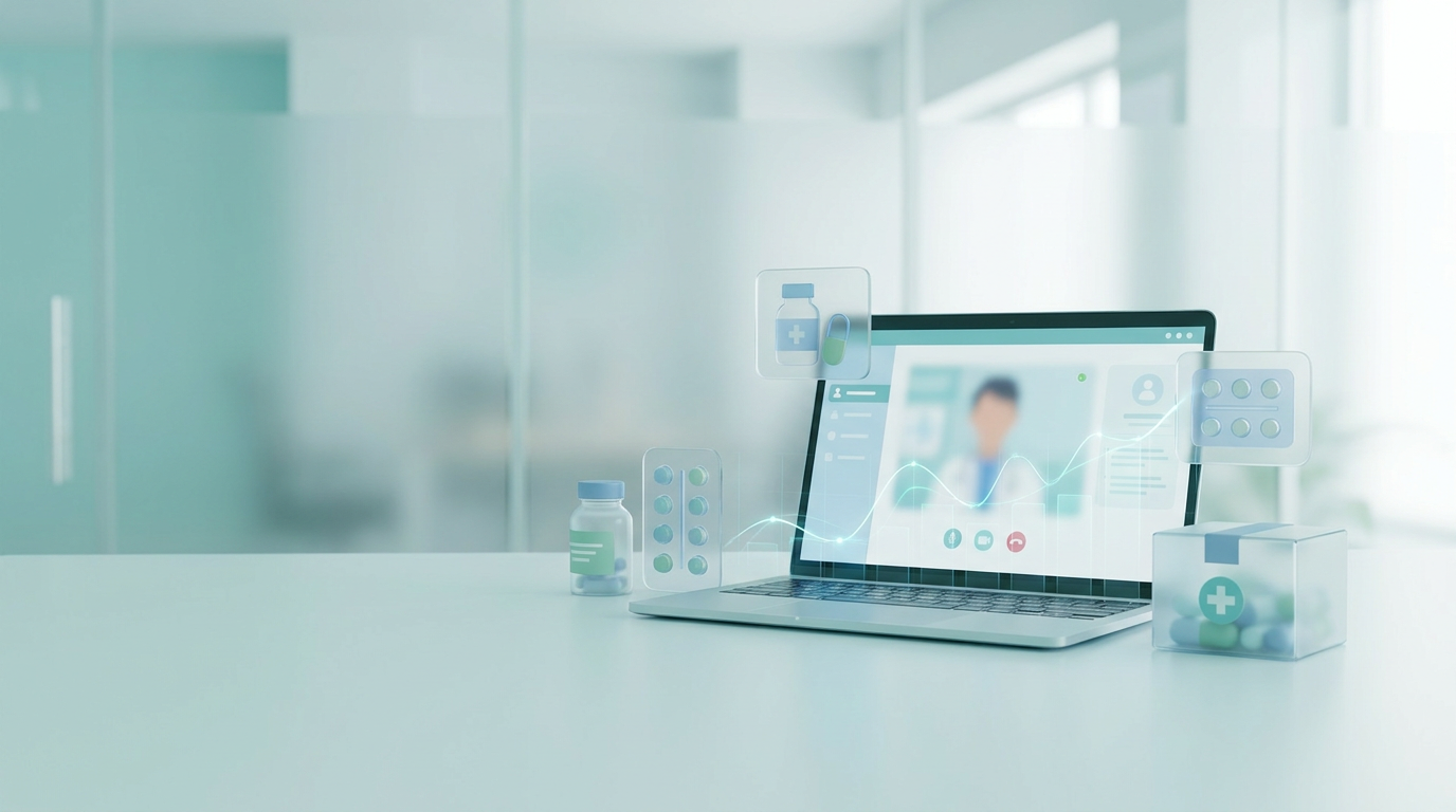 The workflow runs online from start to finish. A member completes a medical intake questionnaire, a licensed provider evaluates it and decides